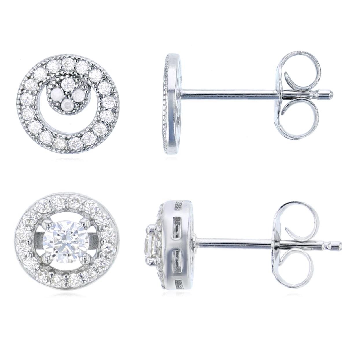 Sterling Silver Rhodium 7.70MMX7.70MM;7.30 White Cz Pave Halo Stud Earring Set