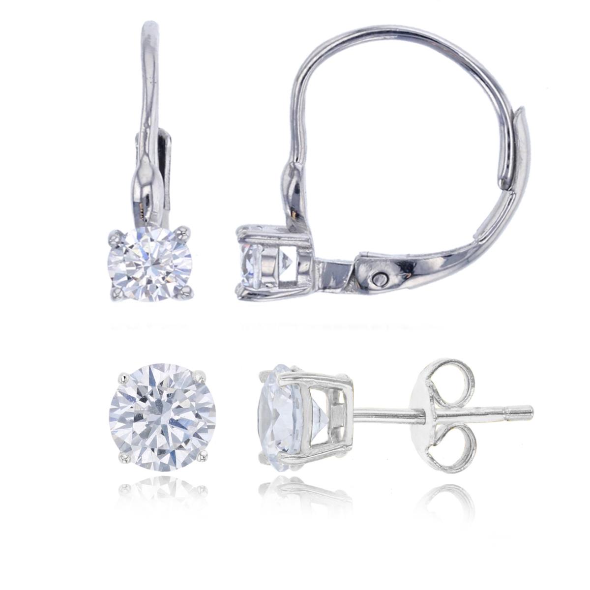 Sterling Silver Rhodium 15X4.00MM;6MM White Cz Solitaire Leverback & Stud Earring Set