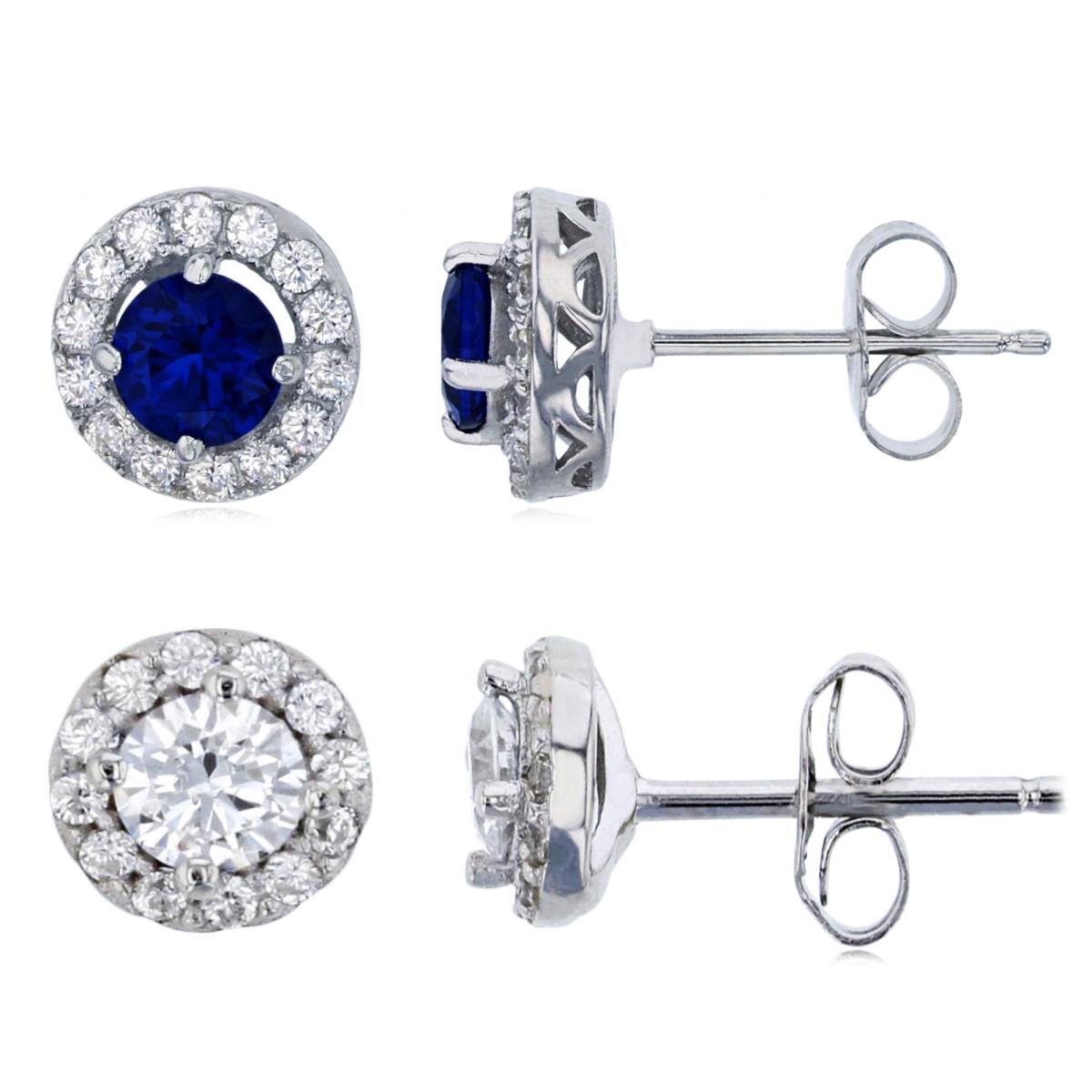 Sterling Silver Rhodium 9.00;6X6 Blue & White CZ Hal Stud Earring Set