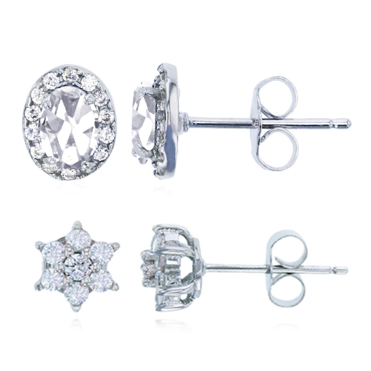 Sterling Silver Rhodium 6.8X8.6MM;7.00MM White CZ Pave Oval & Flower Earring Set