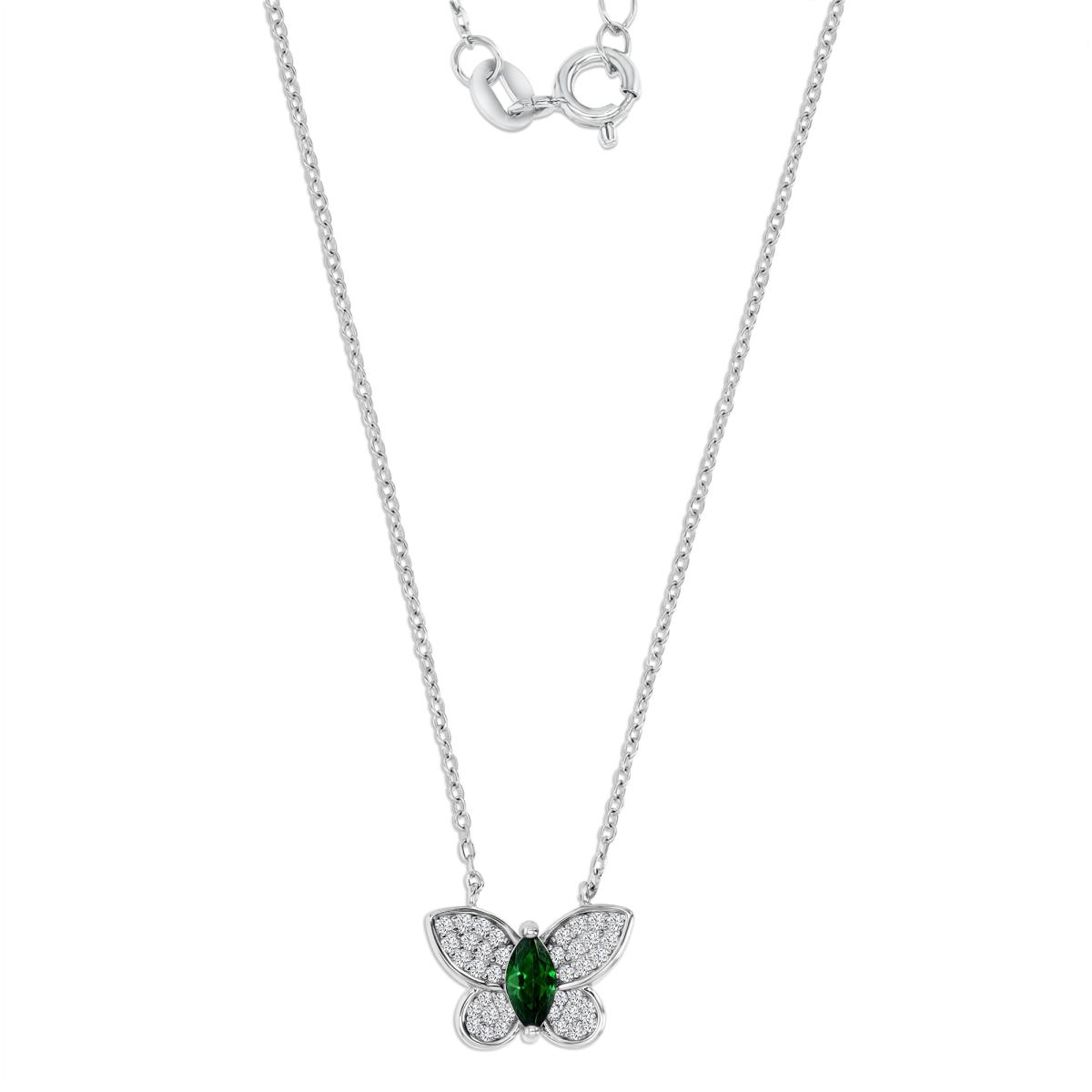 Sterling Silver Rhodium Polished Green & White CZ Pave Butterfly 16+2'' Necklace