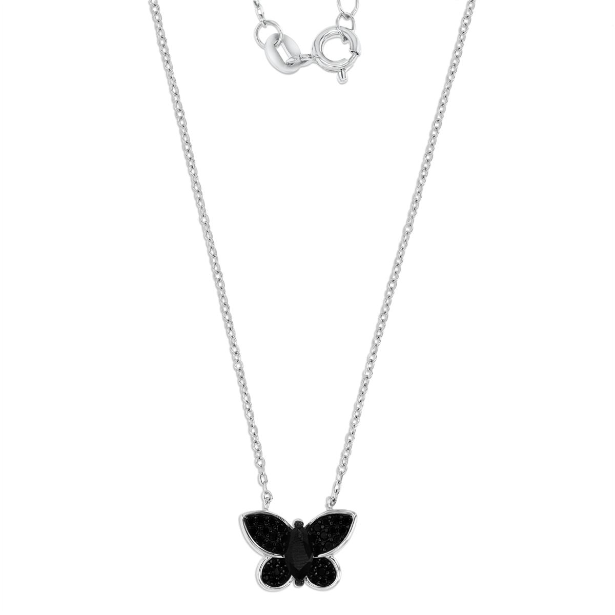 Sterling Silver Rhodium Polished Black Spinel Pave Butterfly 16+2'' Necklace