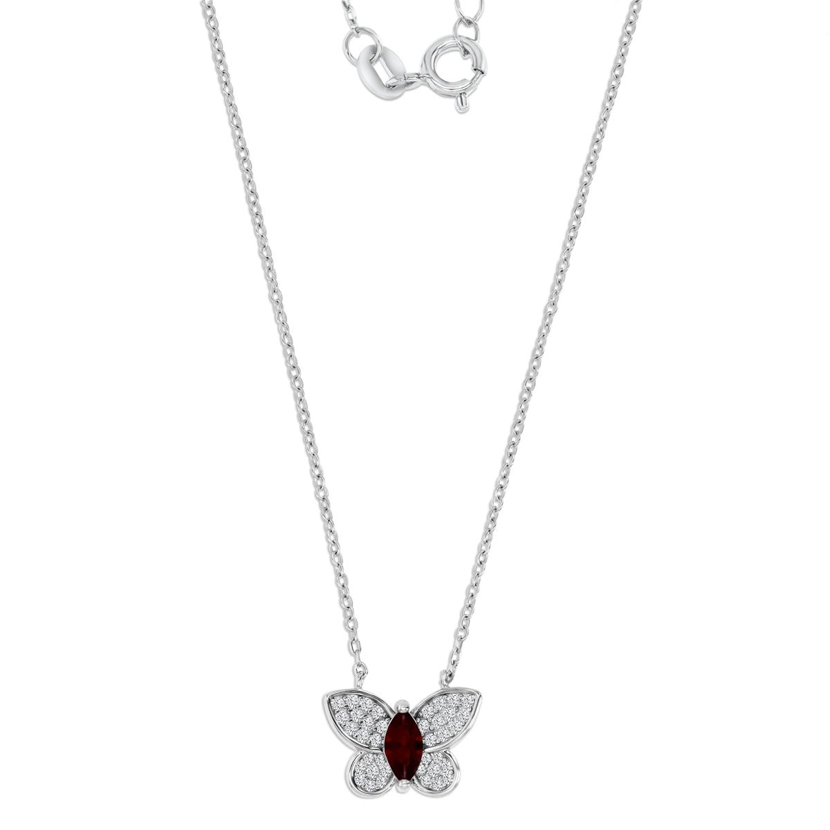 Sterling Silver Rhodium Polished Cr Ruby & Cr White Sapphire Pave Butterfly 16+2'' Necklace