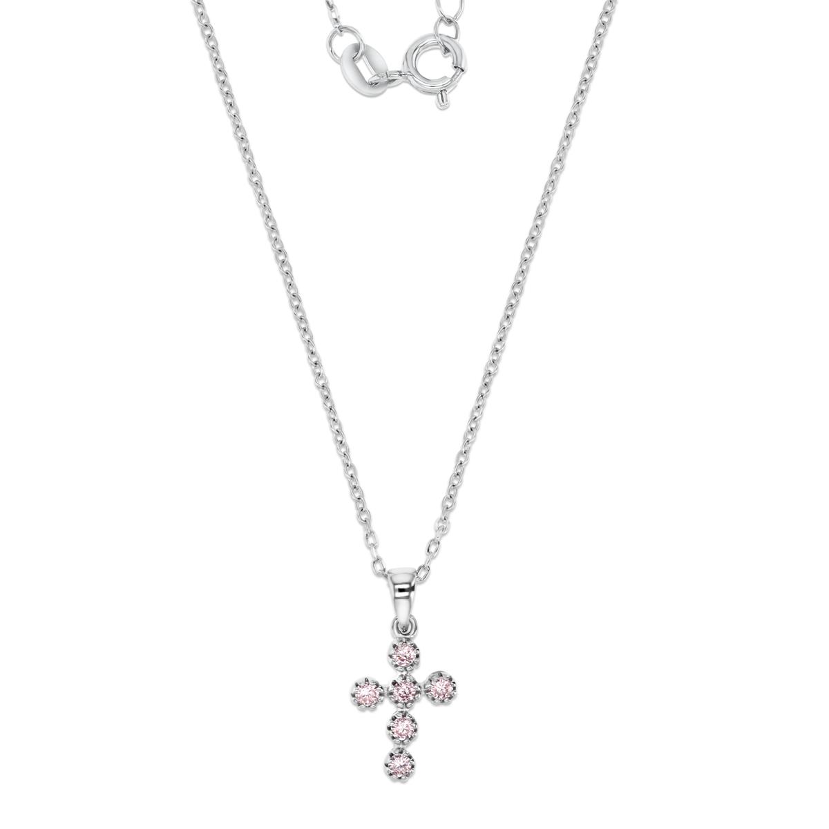 Sterling Silver Rhodium 8X6MM Polished Pink CZ Cross 13+2'' Necklace