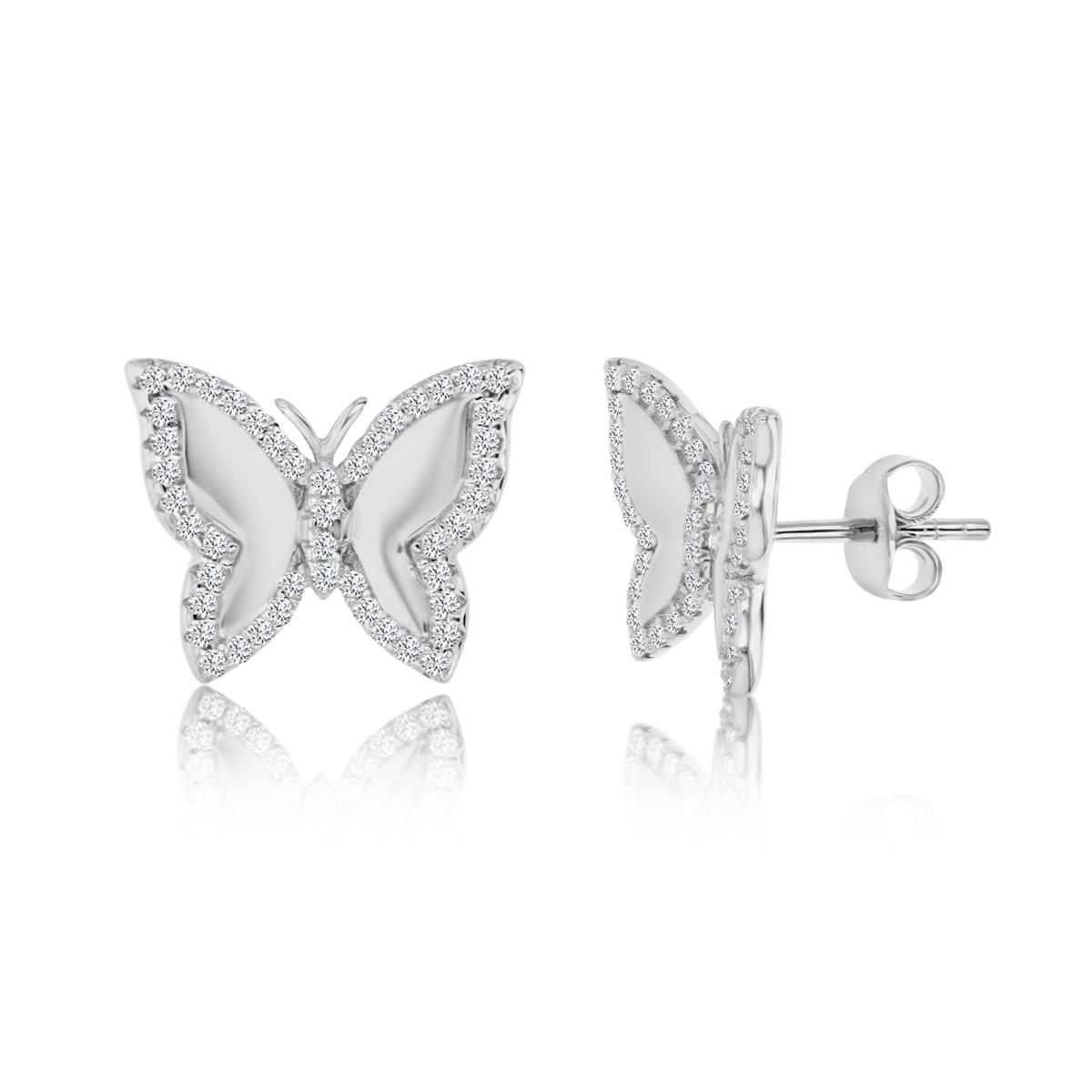 Sterling Silver Rhodium 15X12MM Polished White CZ Butterfly Stud Earrings