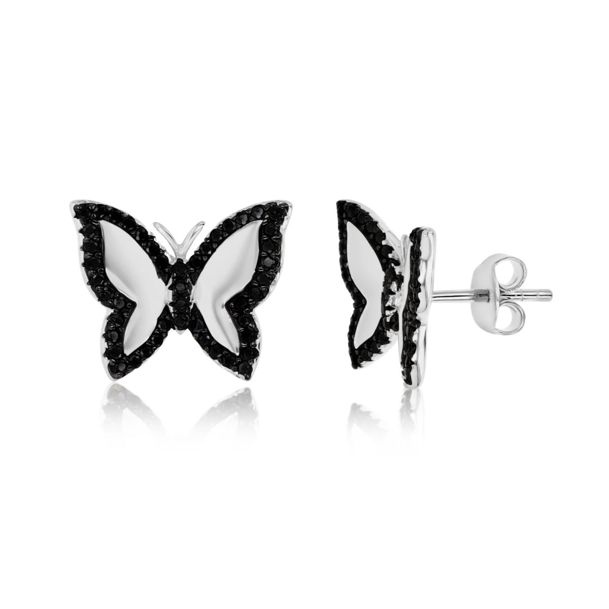 Sterling Silver Rhodium 15X12MM Polished Black Spinel Butterfly Stud Earrings