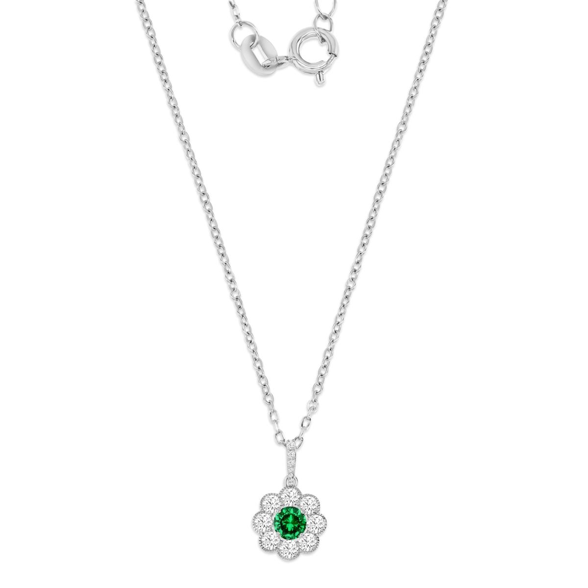 Sterling Silver Rhodium 20MM Polished Green CZ & White CZ Flower 18'' Necklace