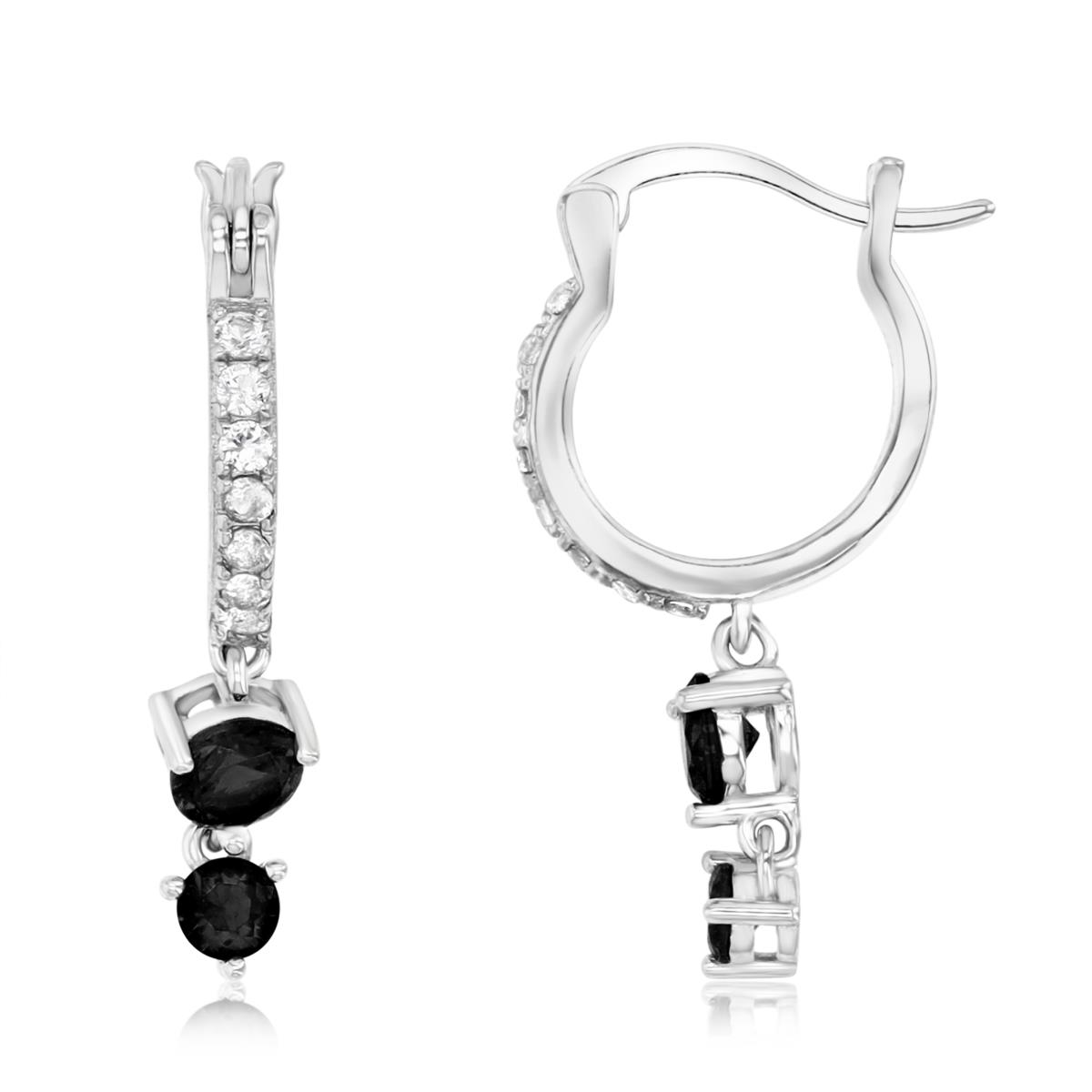 Sterling Silver Rhodium 26X5MM Polished Black Spinel & Cr White Sapphire Hoop Dangling Earrings