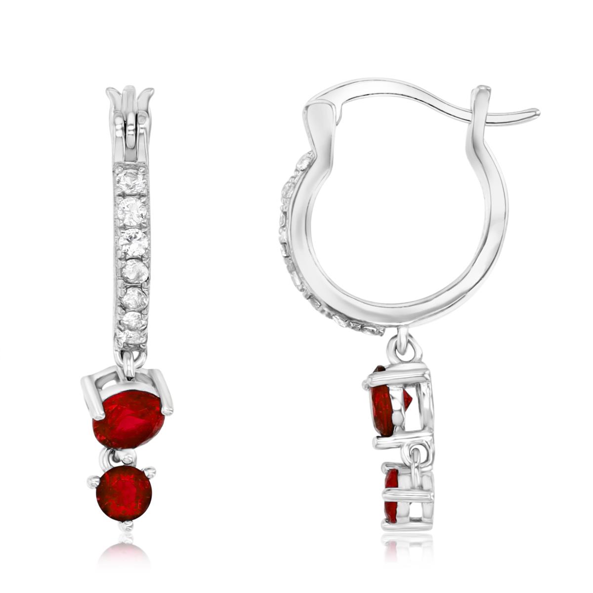 Sterling Silver Rhodium 26X5MM Polished Ruby & Cr White Sapphire Hoop Dangling Earrings