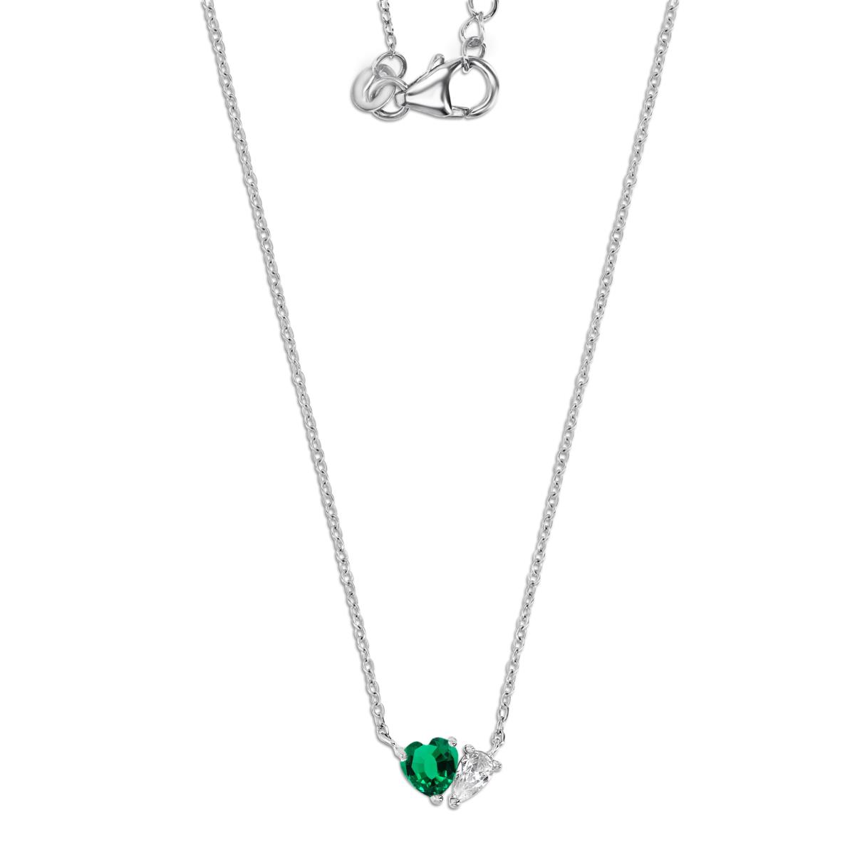 Sterling Silver Rhodium 9X5MM Polished Green & White CZ Heart & Pear Shape 16+2'' Necklace
