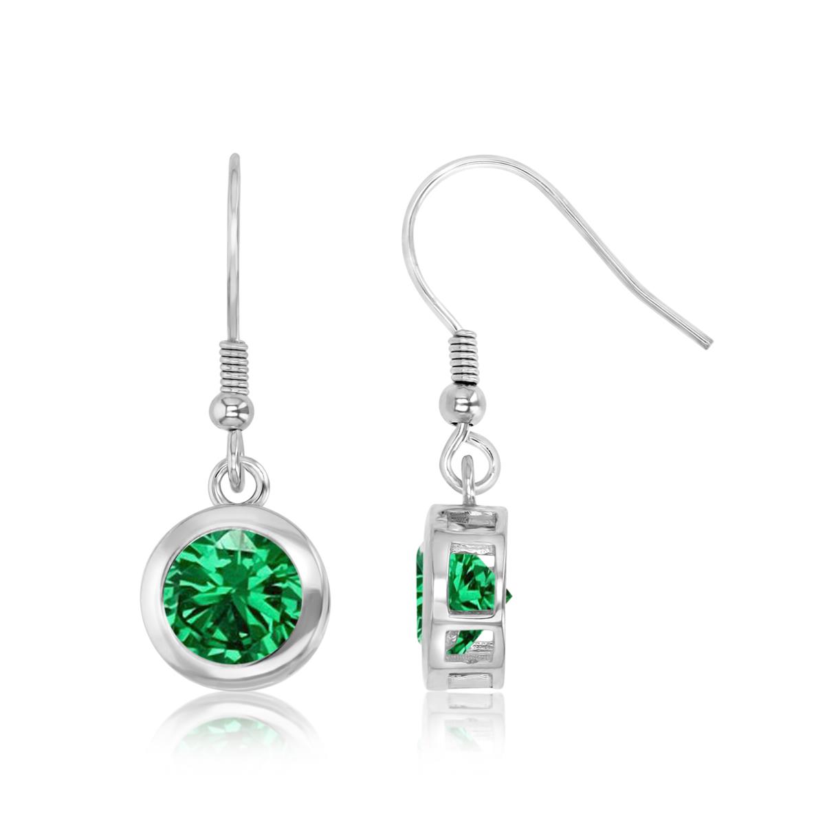 Sterling Silver Rhodium 8MM Polished Green CZ Solitaire Drop Dangling Earrings
