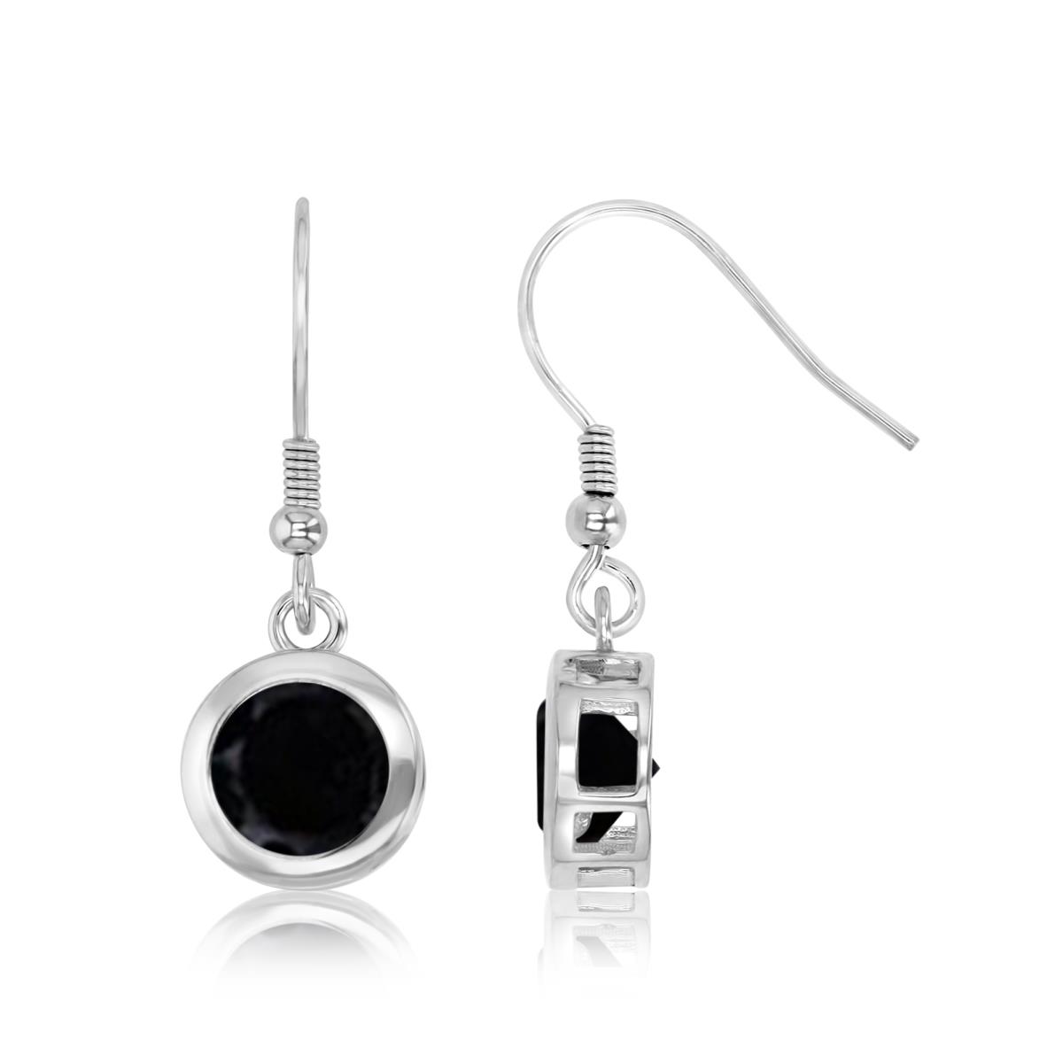 Sterling Silver Rhodium 8MM Polished Black Spinel Solitaire Drop Dangling Earrings