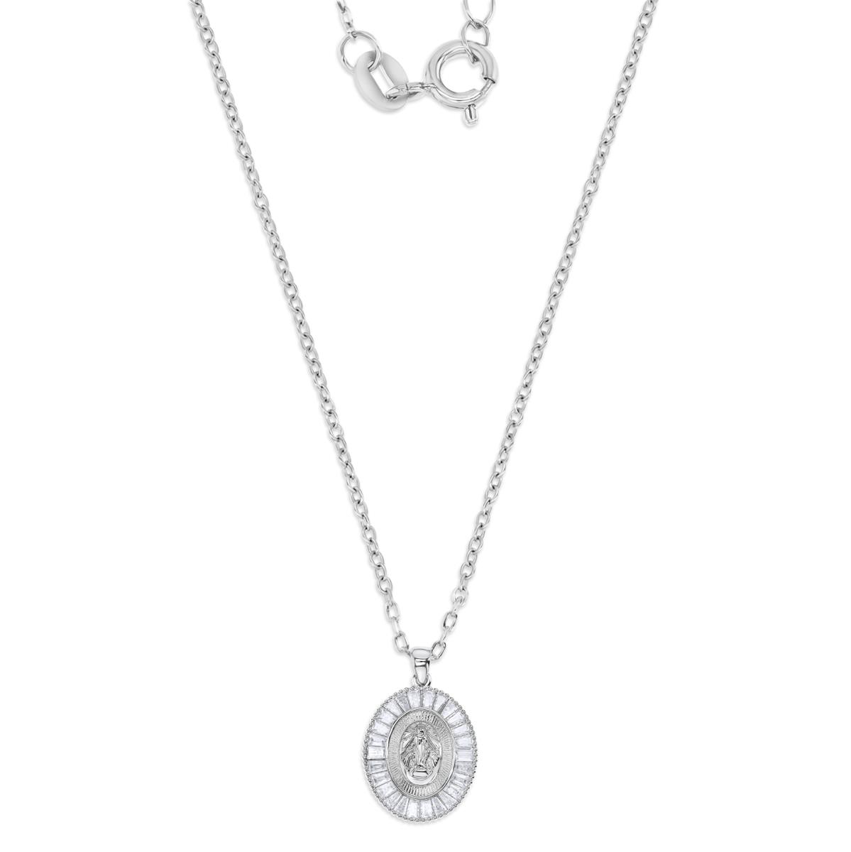 Sterling Silver Rhodium Polished White CZ Tp & Str Baguette Saint Mary Oval Medal 18'' Necklace