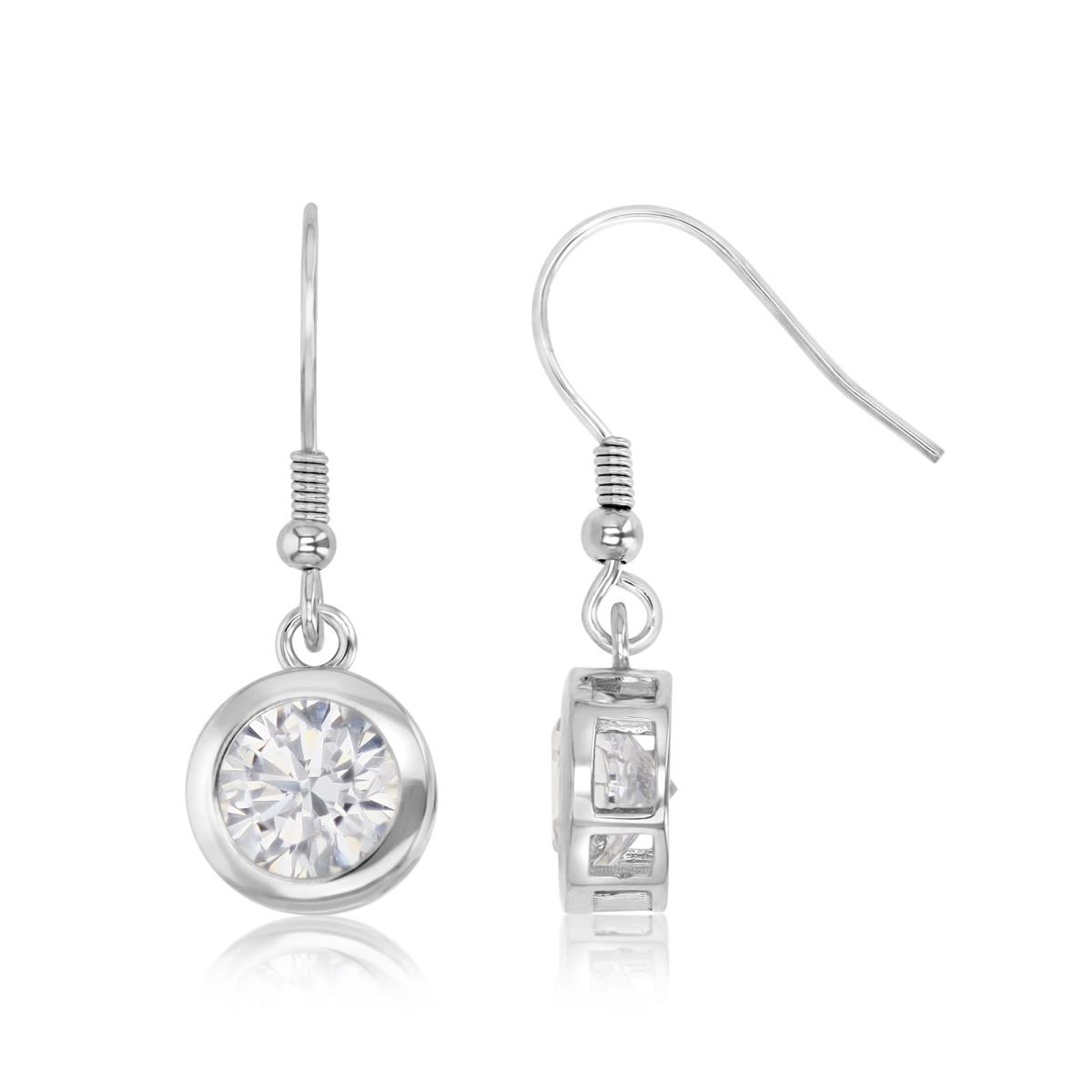 Sterling Silver Rhodium 6MM Polished White CZ Solitaire Dangling Earrings