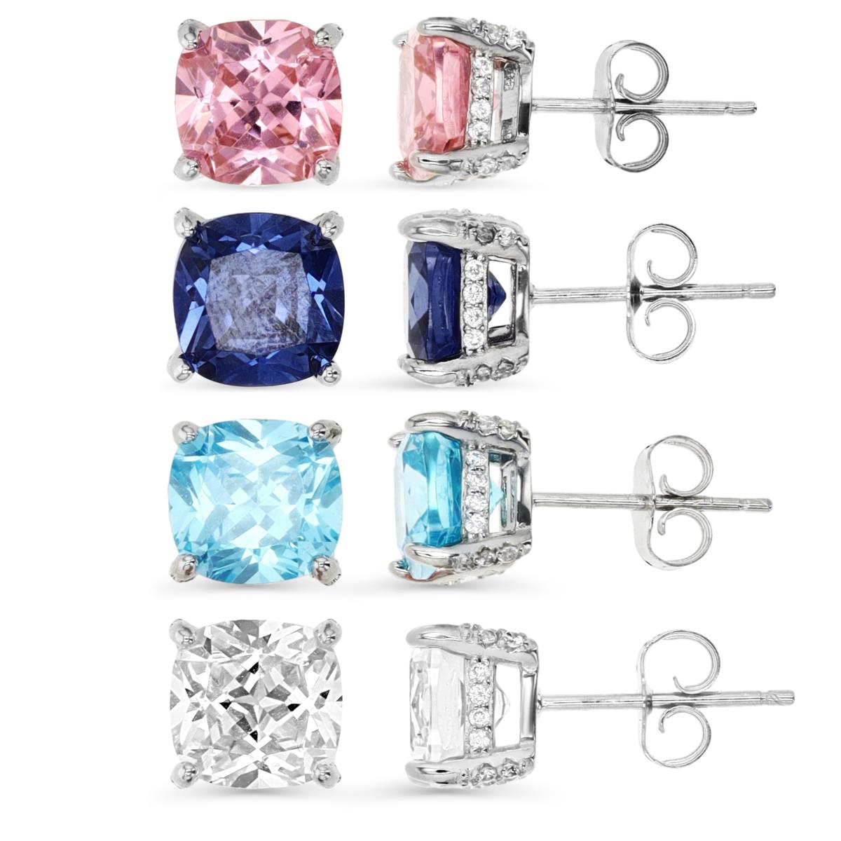 Sterling Silver Rhodium 8;8;8;8 Tanzanite Swiss Blue Pink & White Cz Cushion Cut Stud Earring Set
