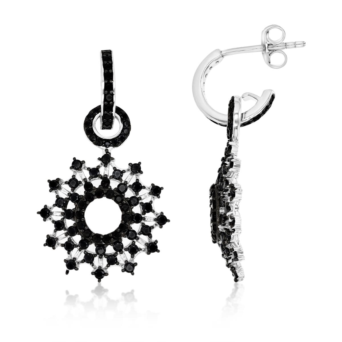 Sterling Silver Rhodium 32X18MM Polished Black Spinel Snowflake Dangling Earrings
