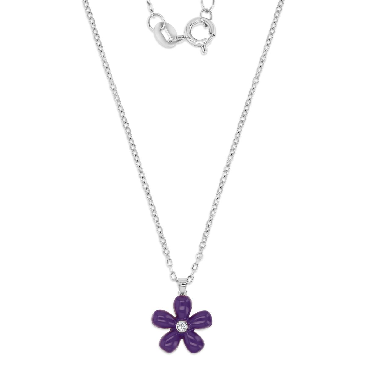 Sterling Silver Rhodium 15MM Polished White CZ & Purple Enamel Flower 18'' Necklace
