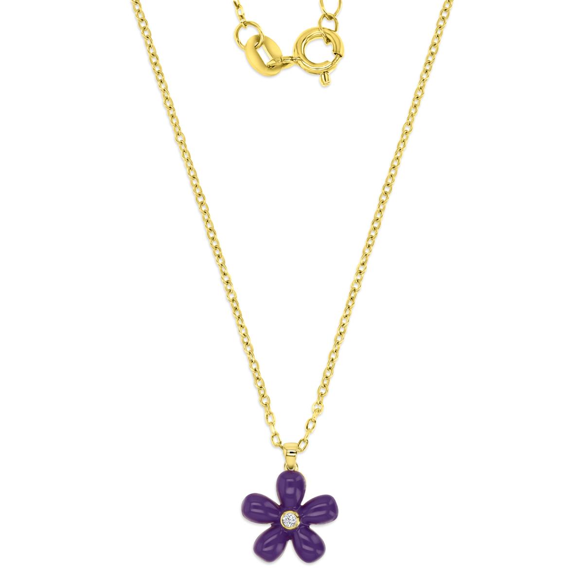 Sterling Silver Yellow 1M 15MM Polished White CZ & Purple Enamel Flower 18'' Necklace