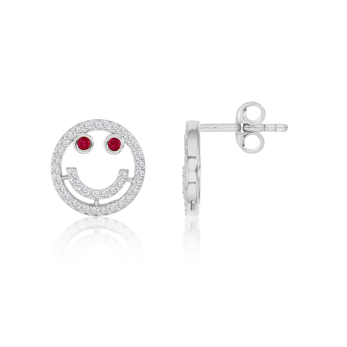 Sterling Silver Rhodium 12MM Polished Ruby & White CZ Smiley Face Stud Earrings