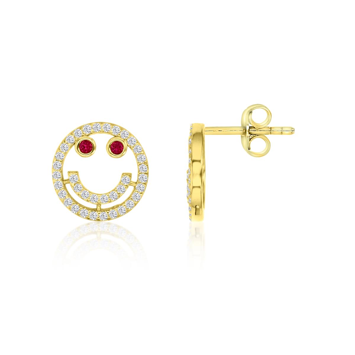 Sterling Silver Yellow 1M 12MM Polished Ruby & White CZ Smiley Face Stud Earrings
