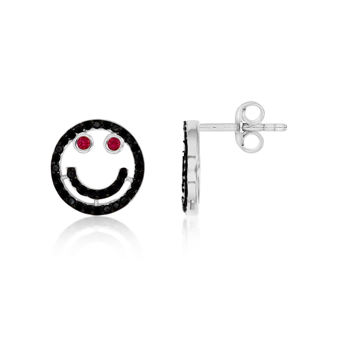Sterling Silver Rhodium 12MM Polished Ruby & Black Spinel Smiley Face Stud Earrings
