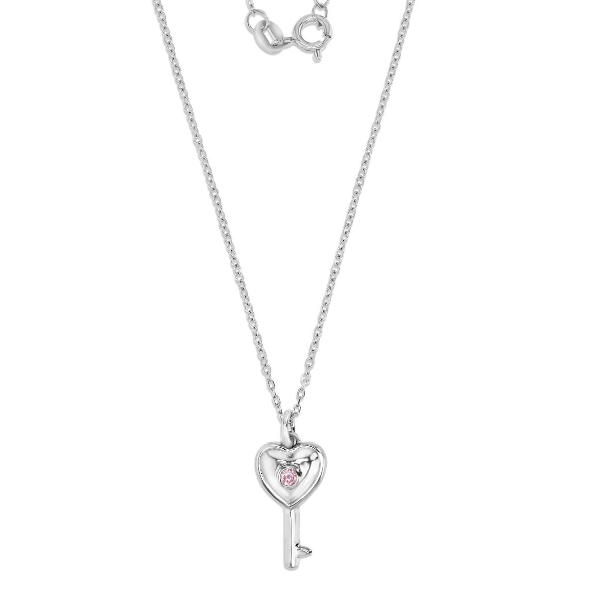 Sterling Silver Rhodium 19MM Polished Pink CZ Heart Key 13+2" Necklace