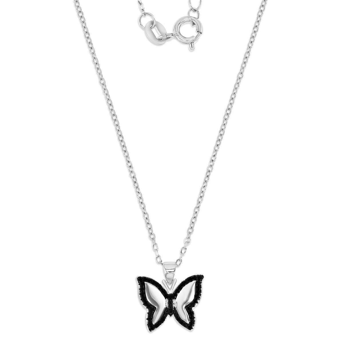 Sterling Silver Rhodium Polished Black Spinel Butterfly 18'' Necklace
