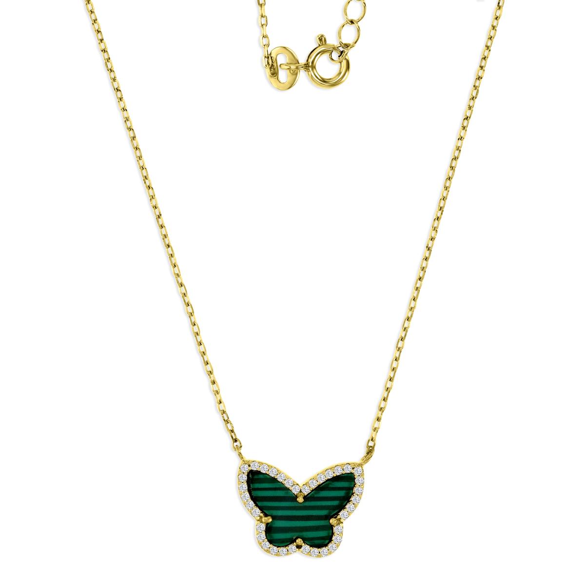 Sterling Silver Yellow 16X13MM Polished White CZ & Malachite Butterfly 18+2" Necklace