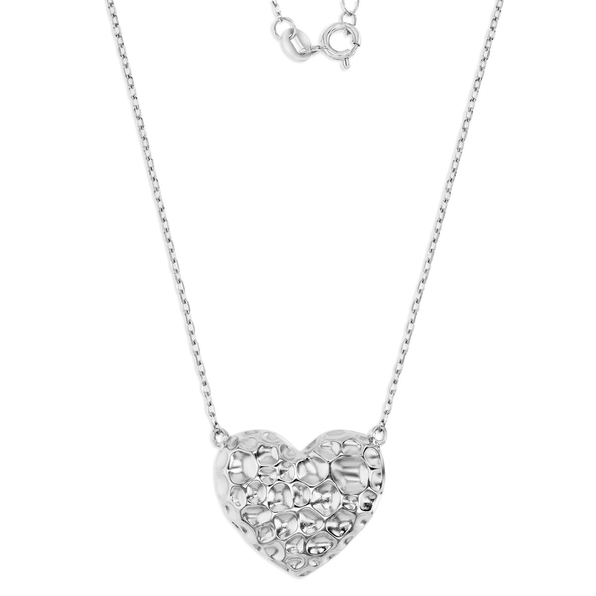 Sterling Silver Rhodium 19X16MM Polished & Hammered Dangling Heart 16+2" Necklace