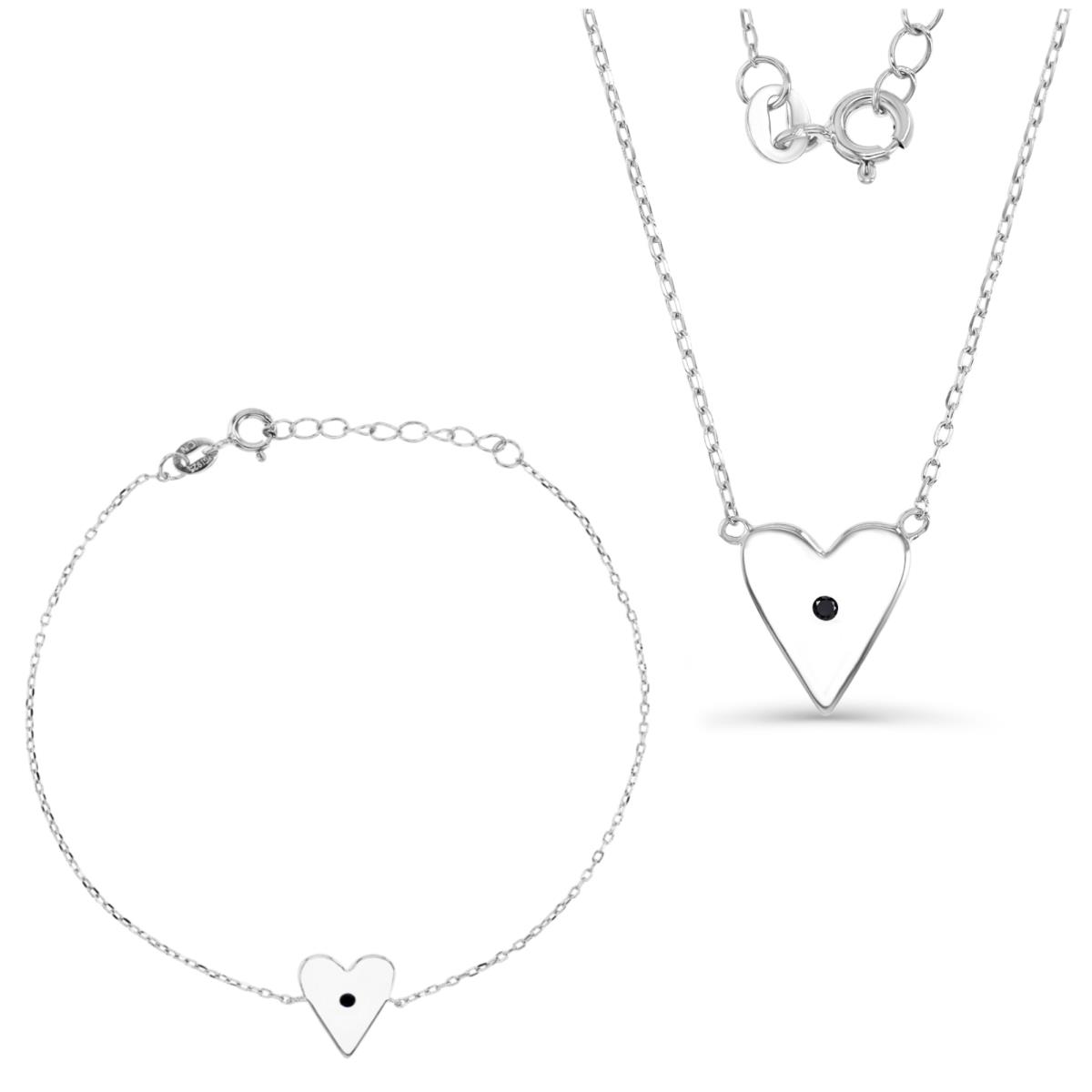 Sterling Silver Rhodium Polished Black Spinel Heart Bracelet & Necklace Set