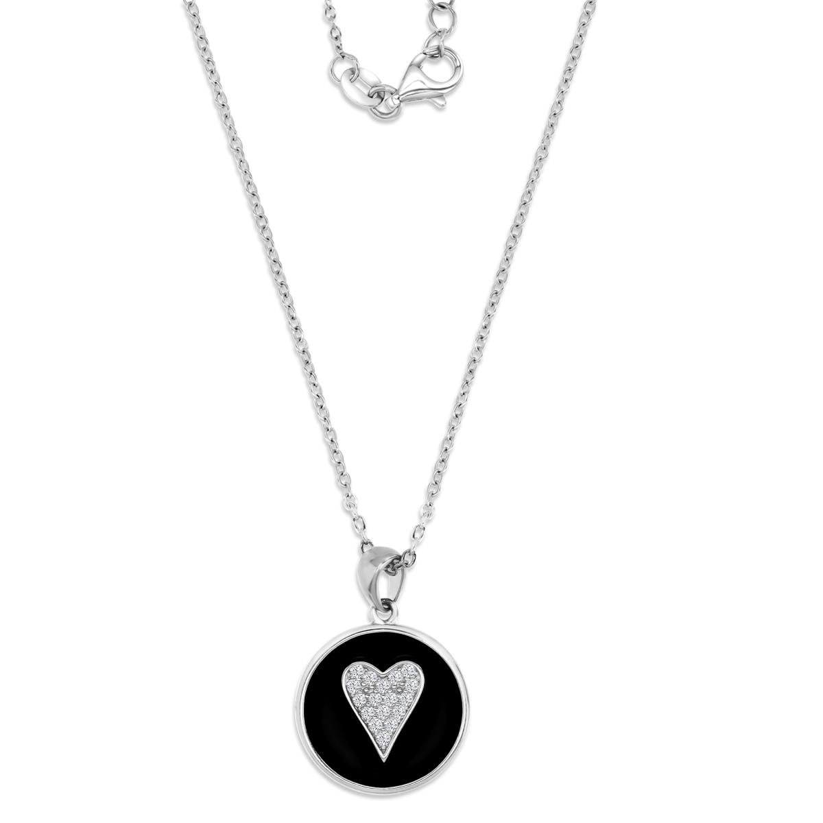 Sterling Silver Rhodium Polished CR White Sapphire Pave Heart & Black Enamel Dangling 16+2'' Necklace