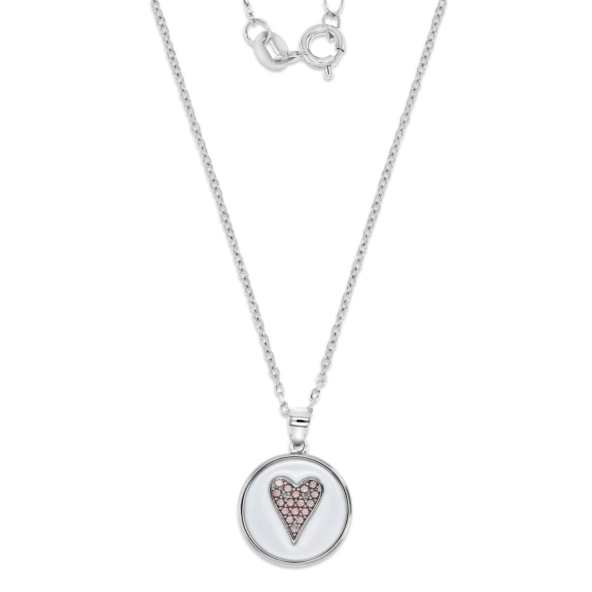 Sterling Silver Rhodium Polished Pink Cz Pave Heart & White Enamel Dangling 16+2'' Necklace