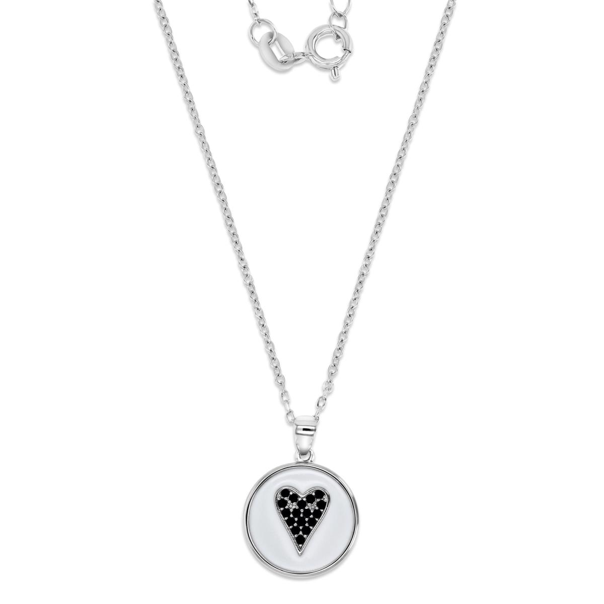 Sterling Silver Rhodium Polished White Black Spinel Pave Heart & White Enamel Dangling 16+2'' Necklace