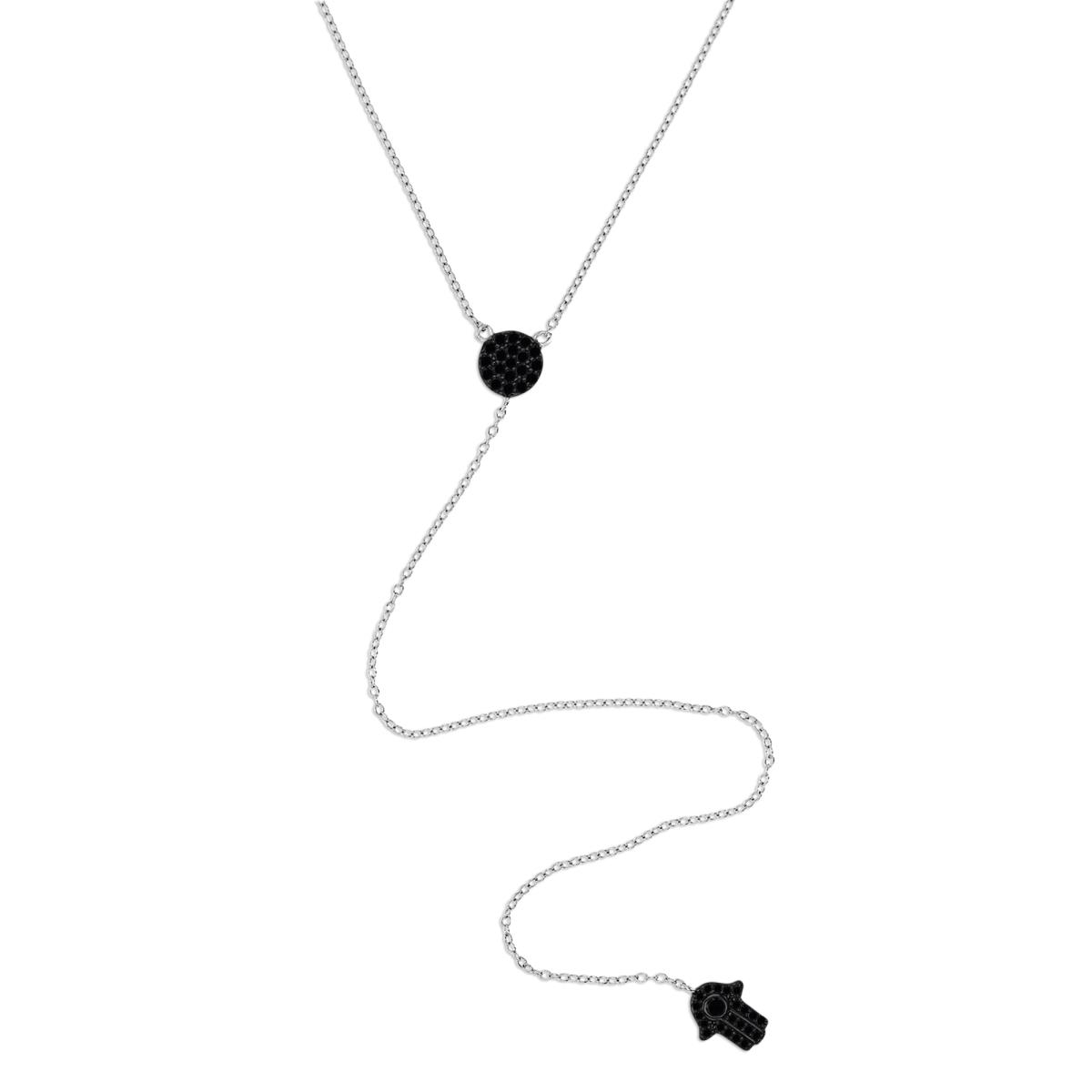 Sterling Silver Rhodium 20MM Polished Black Spinel Pave Dangling Hamza 'Y' 18+2'' Necklace