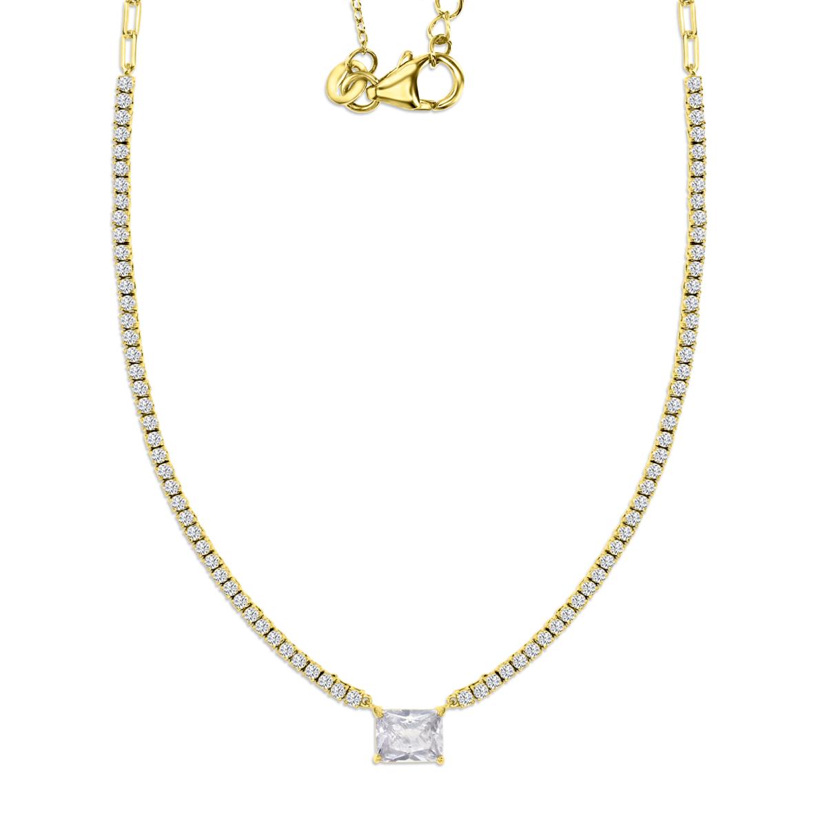 Sterling Silver Yellow 1M 9X7 MM Polished White CZ Emerald Cut Half Tennis & Paperclip 16+2 Necklace