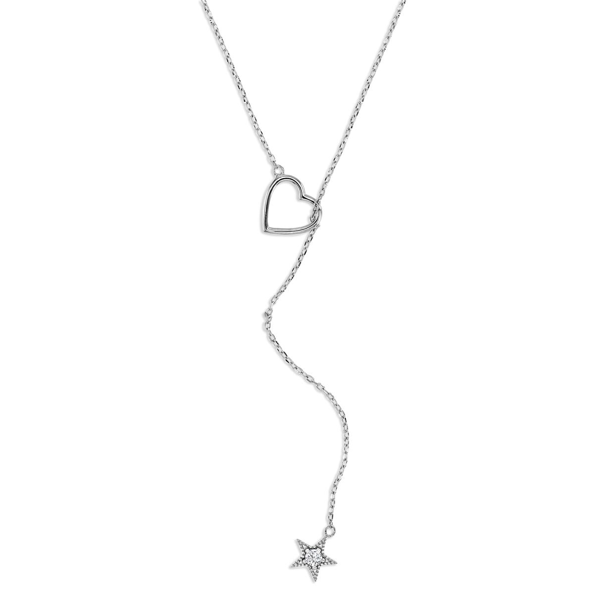 Sterling Silver Rhodium 10X11MM Polished White CZ Heart & Star Y 22" Necklace