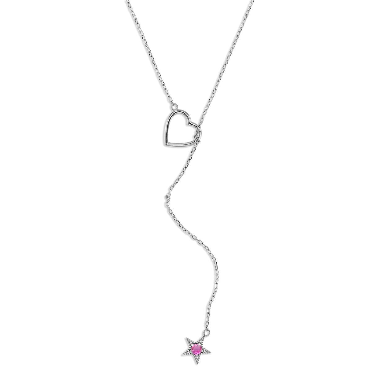 Sterling Silver Rhodium 10X11MM Polished Ruby Heart & Star Y 22" Necklace