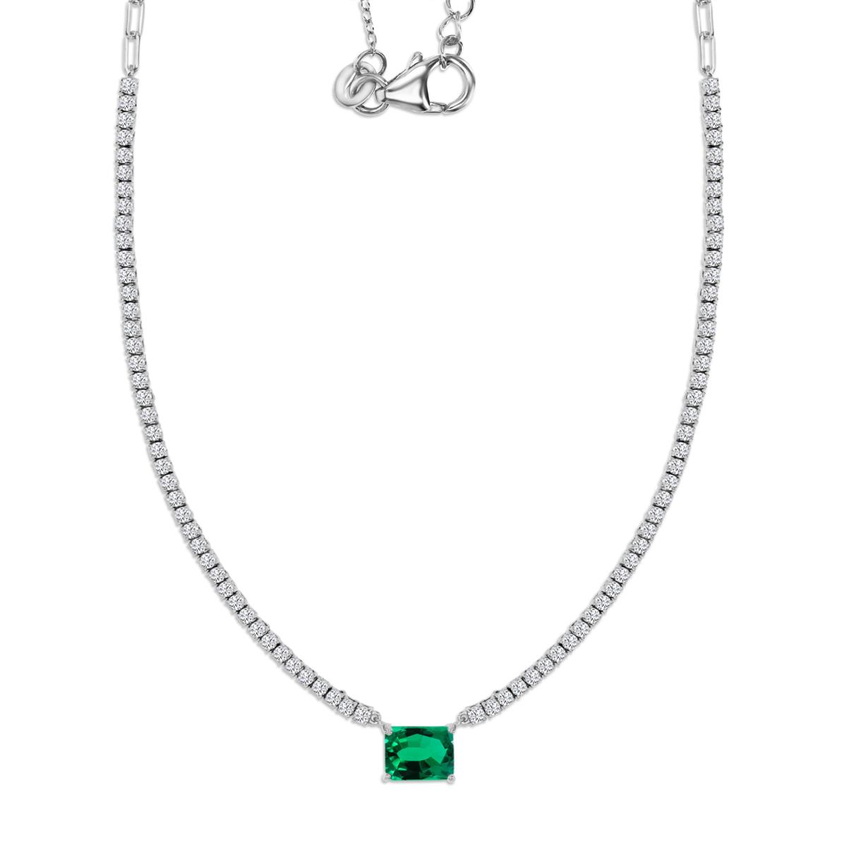 Sterling Silver Rhodium 9X7 MM Polished Green & White CZ Emerald Cut Half Tennis & Paperclip 16+2 Necklace