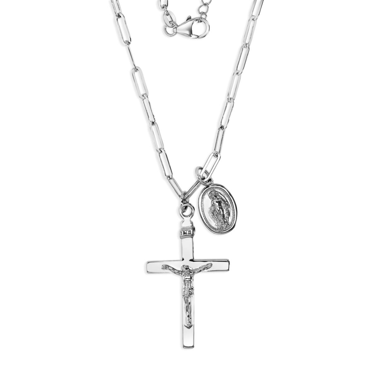 Sterling Silver Rhodium 40X23MM Polished Cross & Jesus 16+2" Necklace