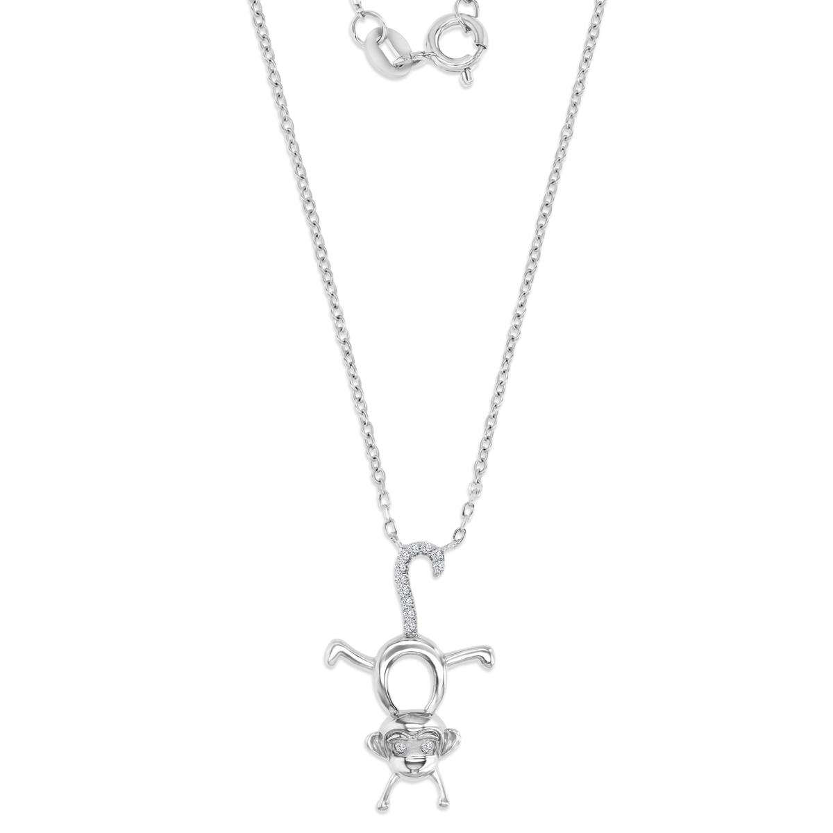Sterling Silver Rhodium 26X15MM Polished White CZ Hanging Monkey 13+2" Necklace