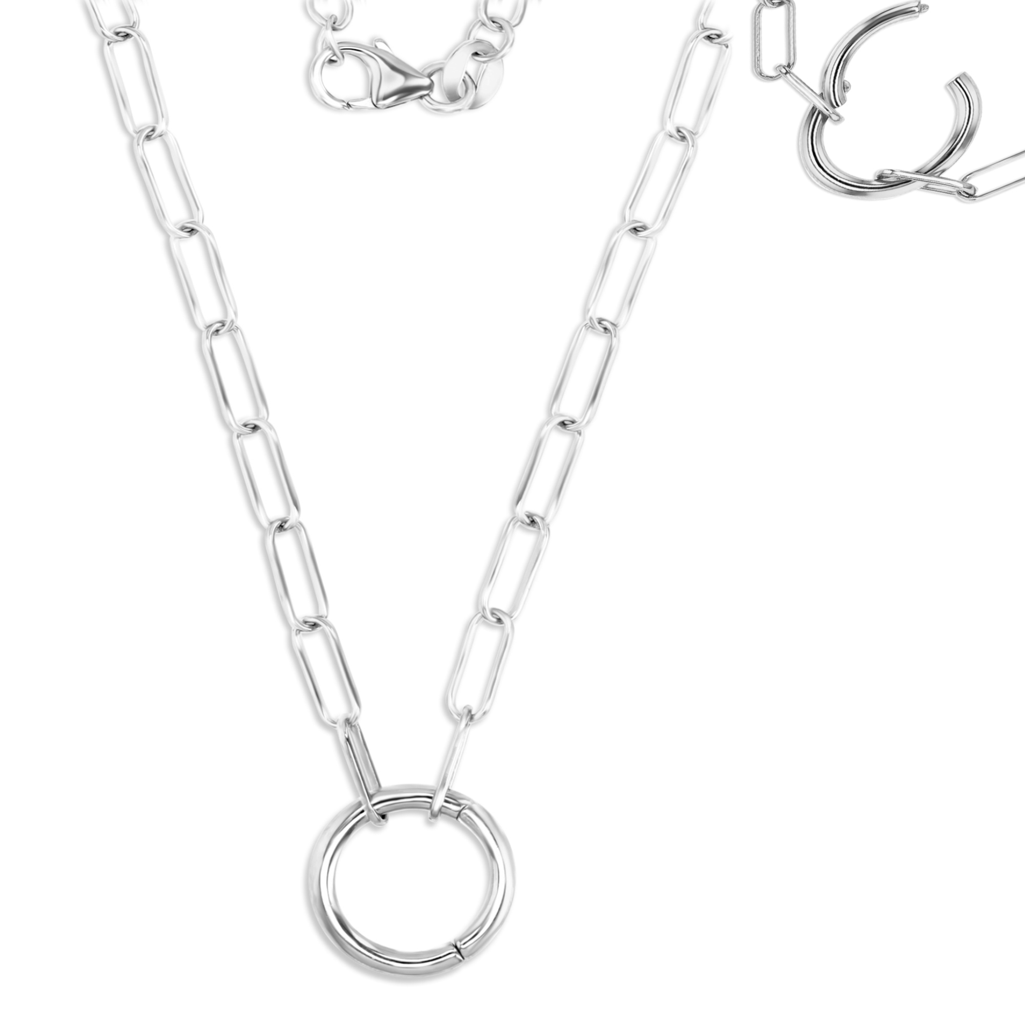 Sterling Silver Rhodium 13MM Polished Papercclip & Circle 18+2" Necklace