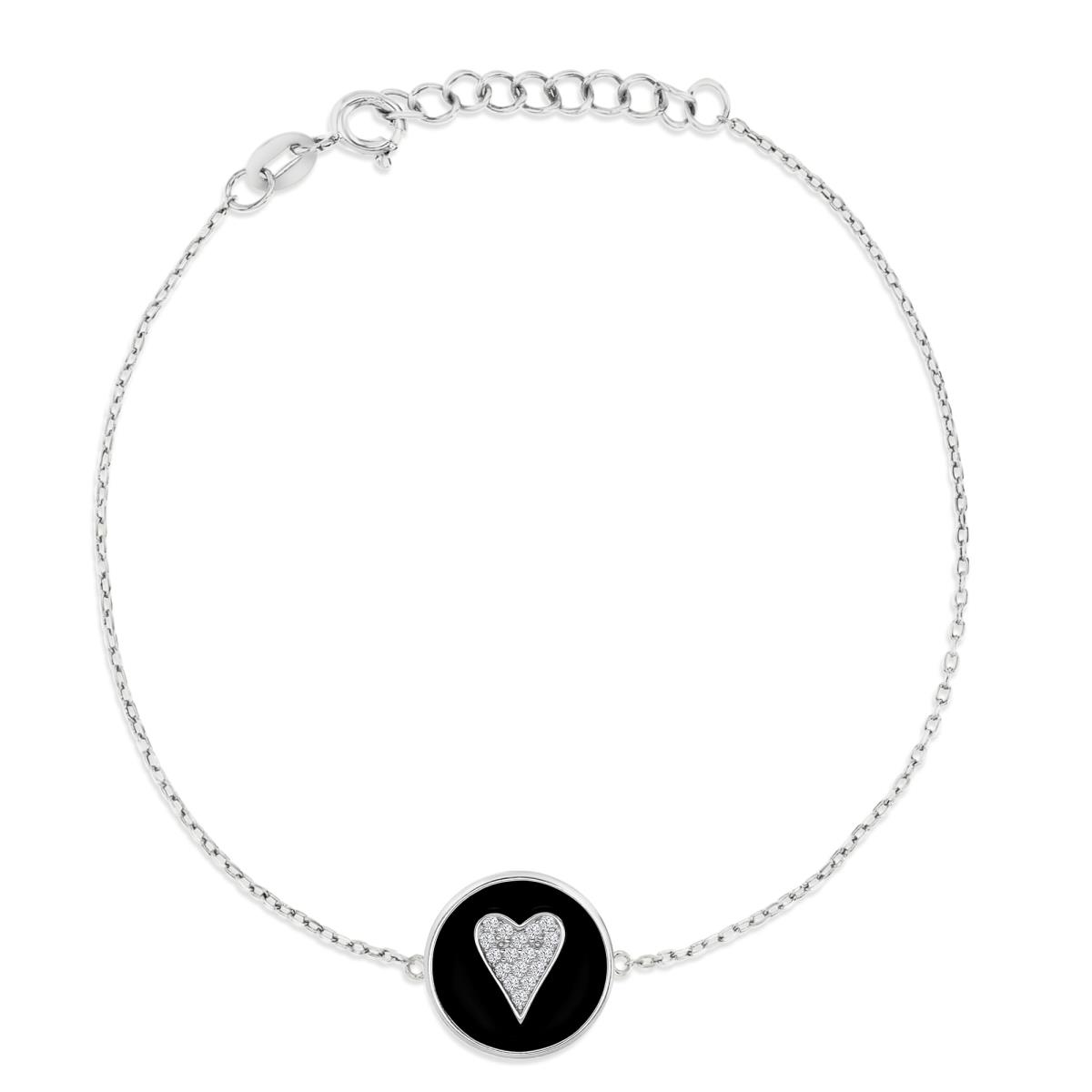 Sterling Silver Rhodium 8MM Polished White CZ Pave Heart & Black Enamel 7+1'' Bracelet