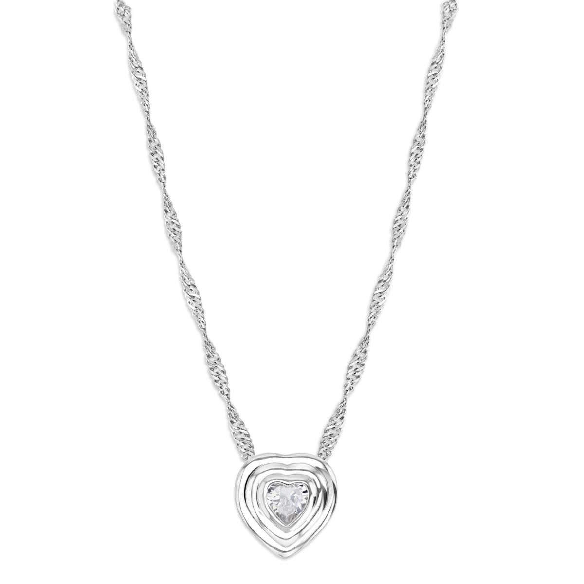 Sterling Silver Rhodium Polished White CZ Singapore Heart Dangling 18+2'' Necklace