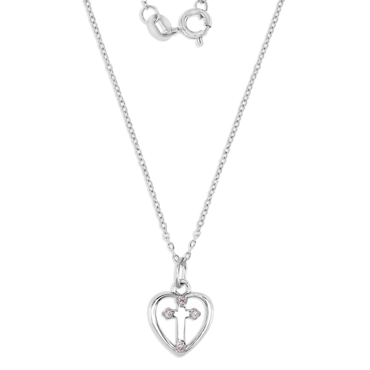 Sterling Silver Rhodium Polished Pink CZ Heart & Cross 13+2'' Necklace