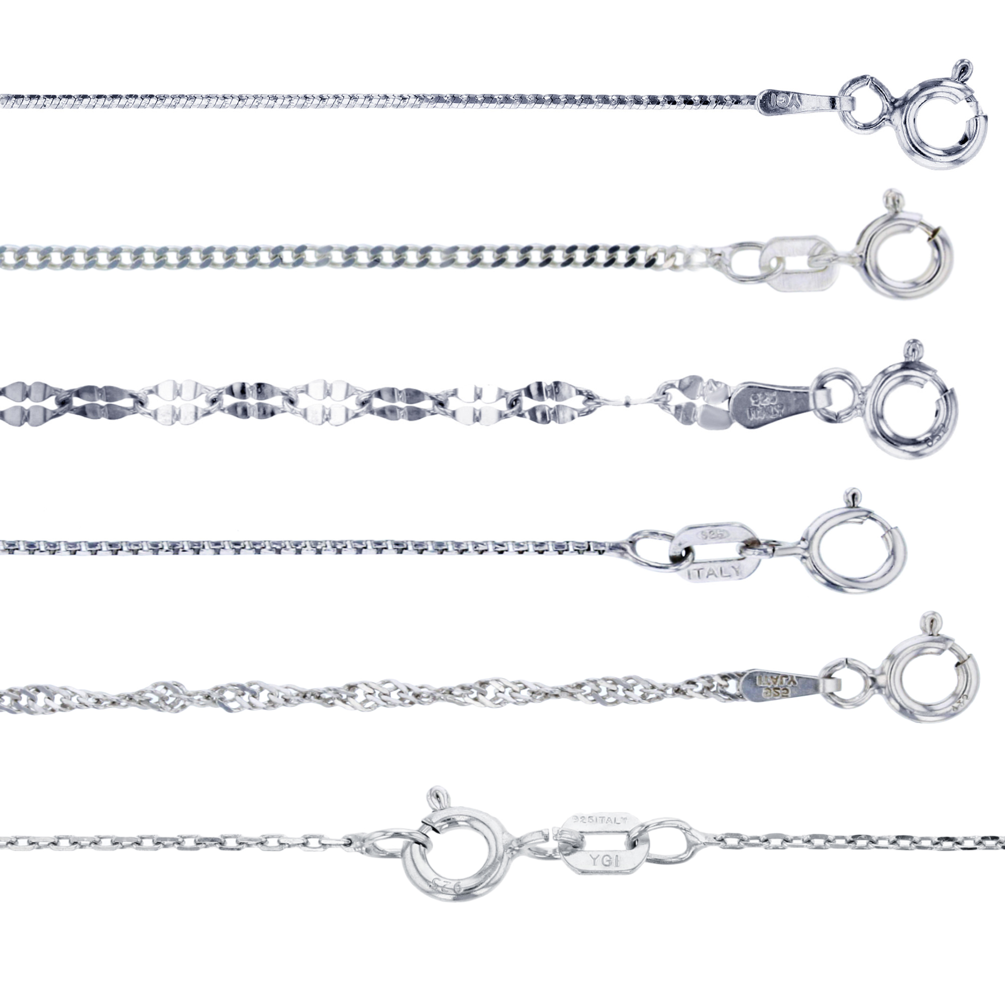 Sterling Silver Anti-Tarnish, Diamond Cut, Singapore, Curb Set 18" Chains
