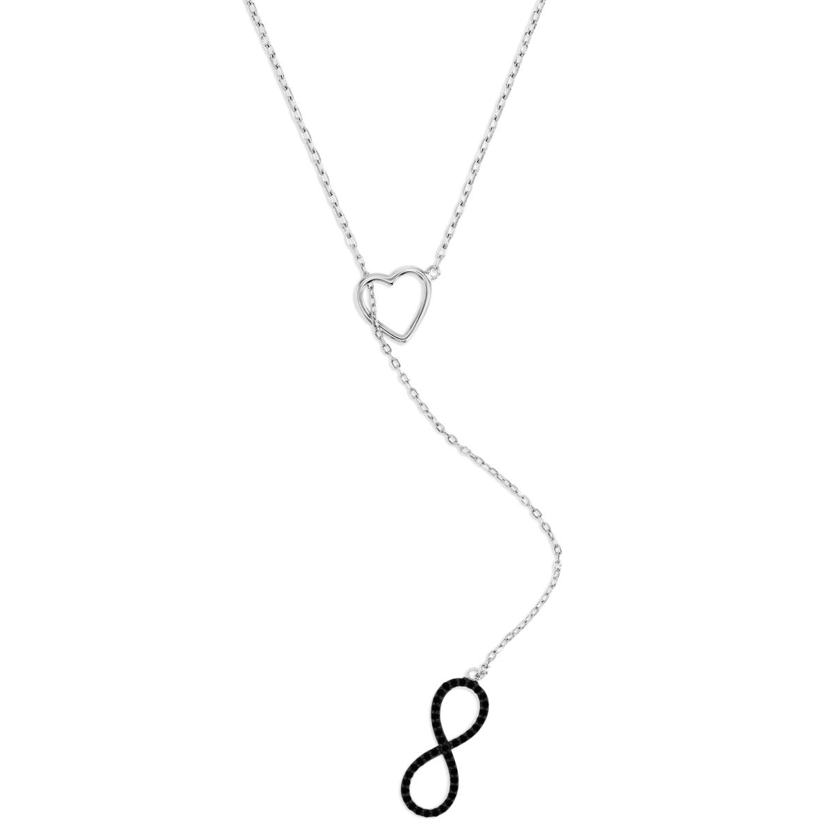 Sterling Silver Rhodium 10, 20MM Polished Black Spinel Heart & Infinity Y 22" Necklace