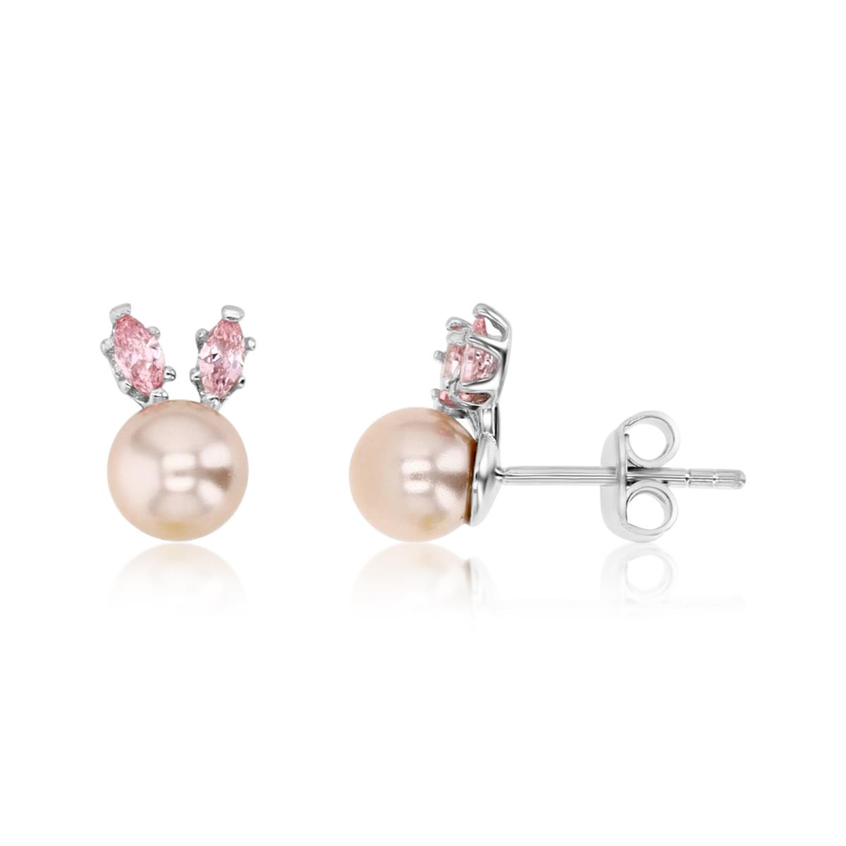 Sterling Silver Rhodium 6MM Polished Pink Cz & Synthetic Pink Pearl Bunny Stud Earring