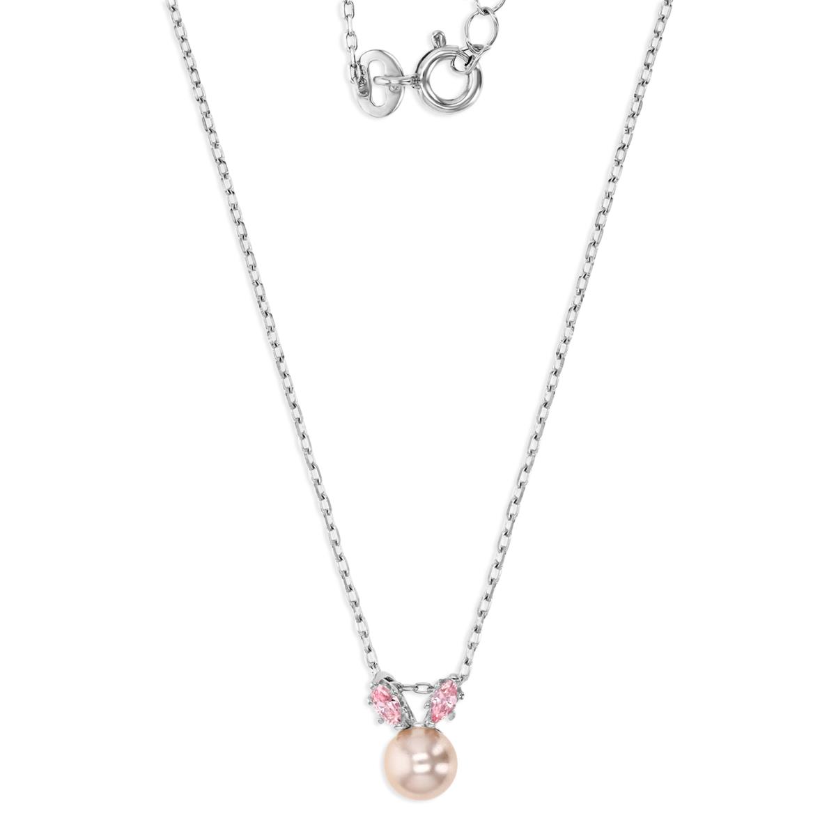 Sterling Silver Rhodium 6 MM Polished Pink CZ & Synthetic Pearl Bunny 13+2'' Necklace