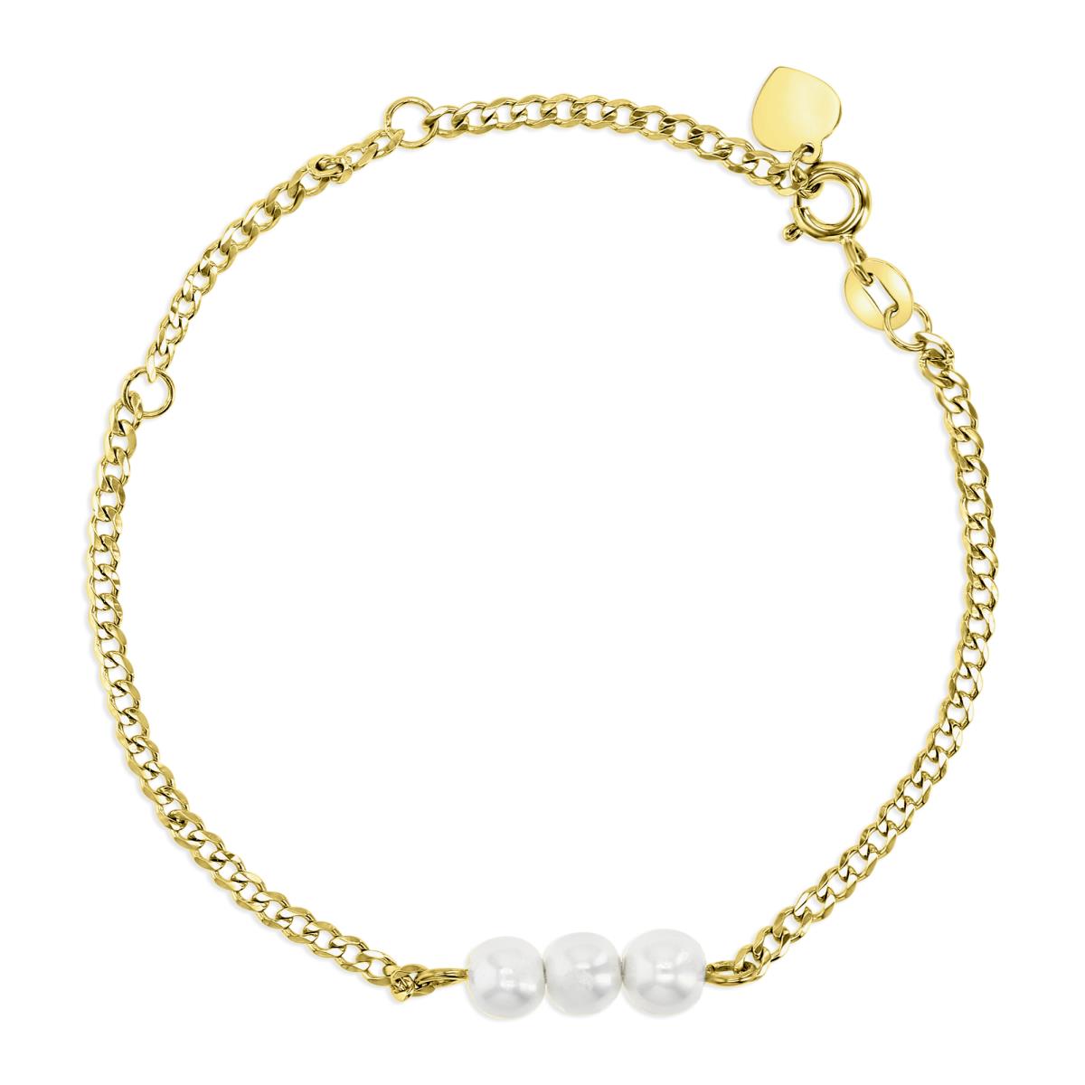 Sterling Silver Yellow 5MM Polished White Simulated Pearl Cuban 9+1'' Anklet