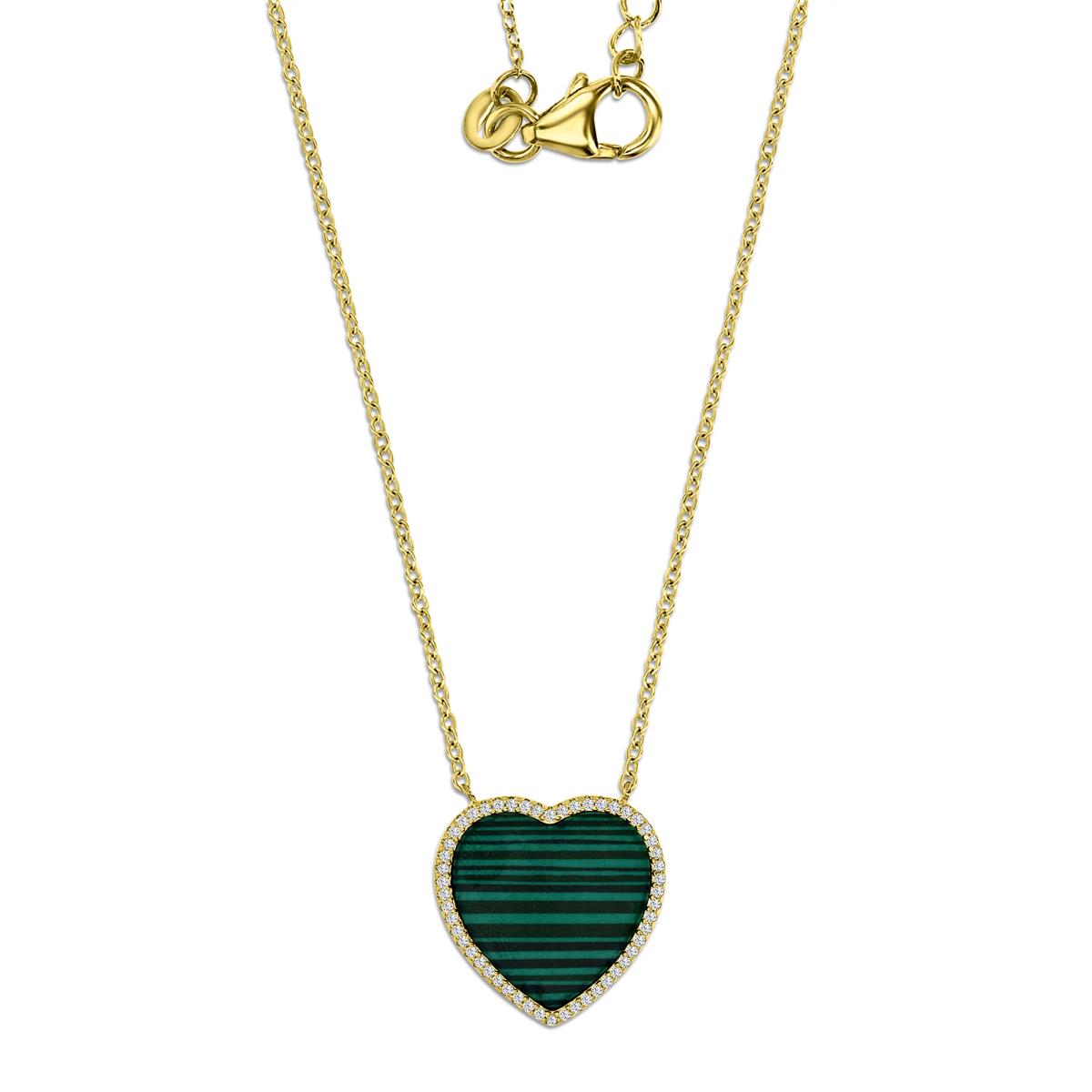 Sterling Silver Yellow 1M 17MM  Polished White Cz & Malachite Halo Heart 16+2'' Necklace